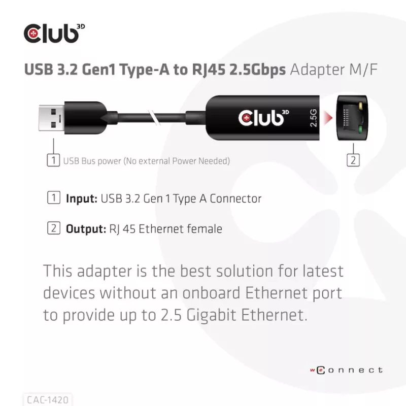 CLUB3D USB 3.2 Gen1 Tips A uz RJ45 2.5Gbps adapteris
