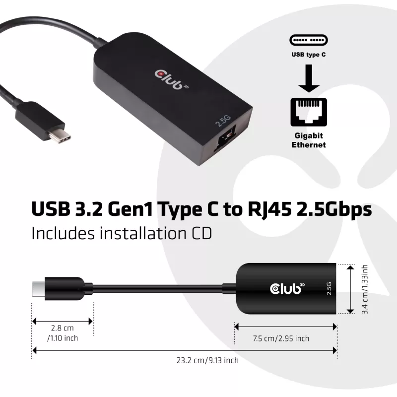 CLUB3D USB 3.2 Gen1 Type C uz RJ45 2.5Gbps adapteris