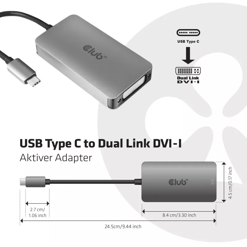 CLUB3D USB3.2 Gen1 Type-C uz Dual Link DVI-D HDCP ON versija Aktīvais adapteris M/F