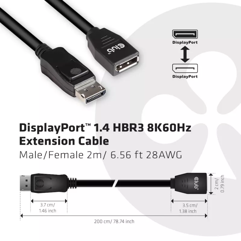 CLUB3D DisplayPort 1.4 HBR3 pagarinātāja kabelis 8K60Hz M/F 2m