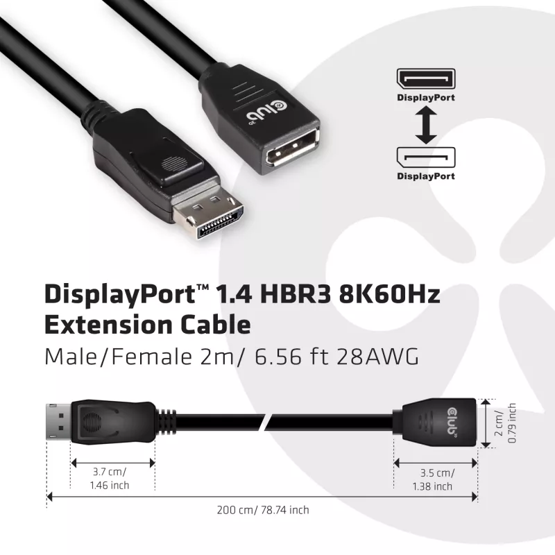 CLUB3D DisplayPort 1.4 HBR3 pagarinātāja kabelis 8K60Hz M/F 2m