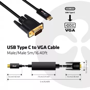 USB Type C to VGA Active kabelis M/M CLUB3D CAC-1512 5m