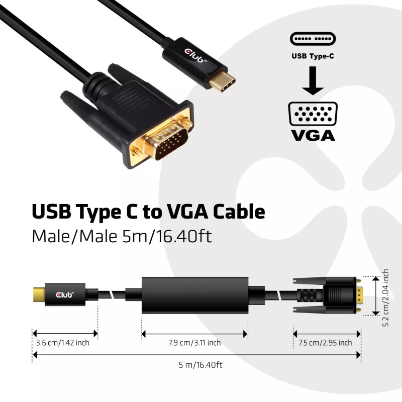 USB Type C to VGA Active kabelis M/M CLUB3D CAC-1512 5m