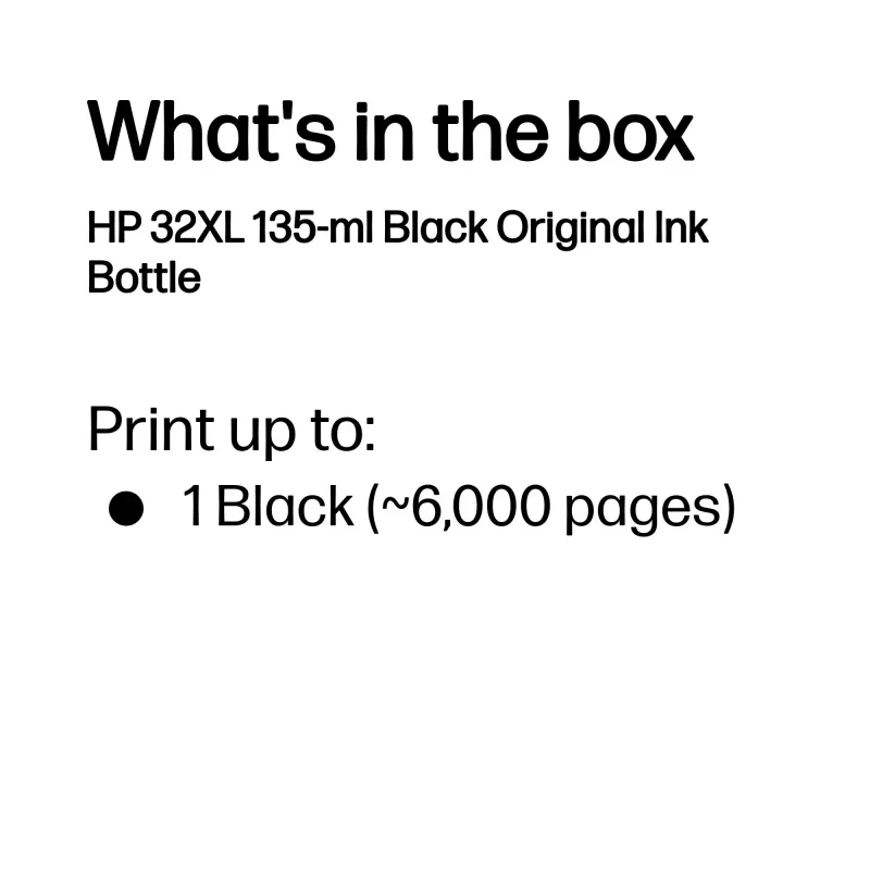 HP 32XL 135-ml melna oriģinālā tintes pudele, melna, Malaizija, 15 - 35 °C, 15 - 35 °C, 20 - 80%, 1 gab.