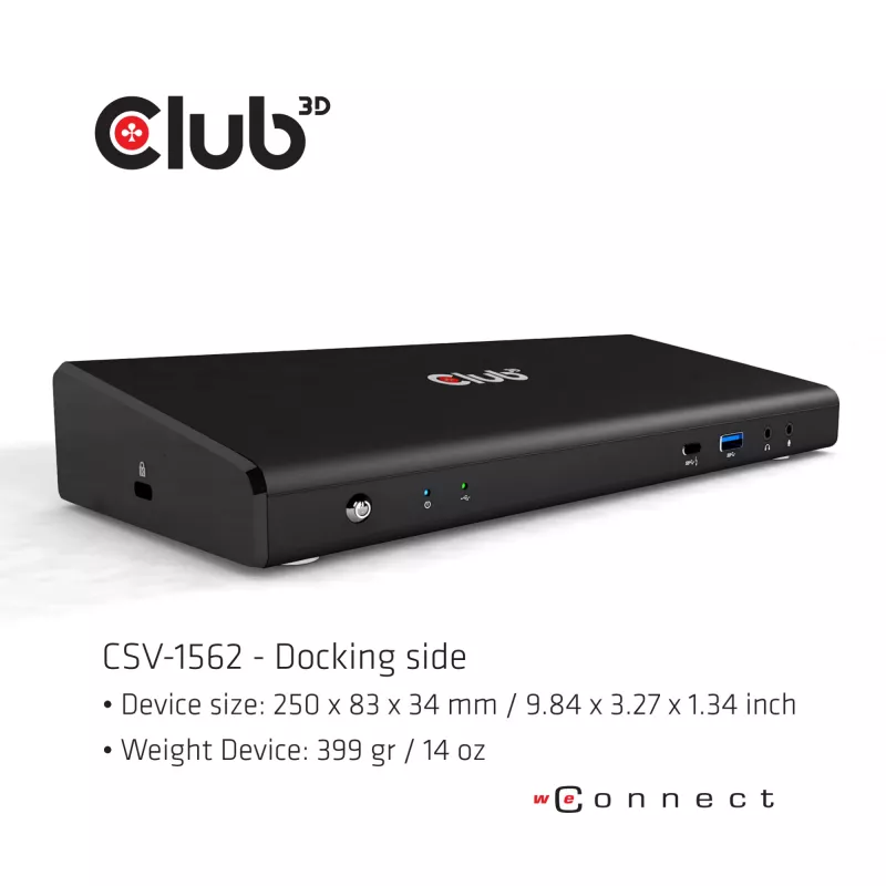 CLUB3D CSV-1562 ir USB3.2 Gen1 Type-C universāla trīskārša 4K30Hz uzlādes dokstacija ar DisplayLink® sertifikāciju. Universālā uzlādes dokstacija