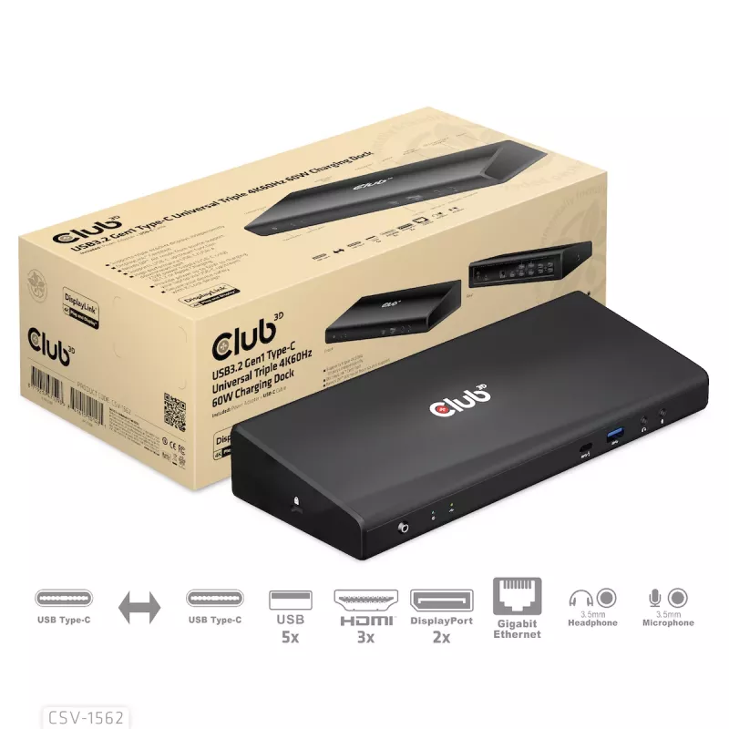CLUB3D CSV-1562 ir USB3.2 Gen1 Type-C universāla trīskārša 4K30Hz uzlādes dokstacija ar DisplayLink® sertifikāciju. Universālā uzlādes dokstacija