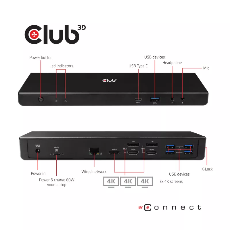 CLUB3D CSV-1562 ir USB3.2 Gen1 Type-C universāla trīskārša 4K30Hz uzlādes dokstacija ar DisplayLink® sertifikāciju. Universālā uzlādes dokstacija