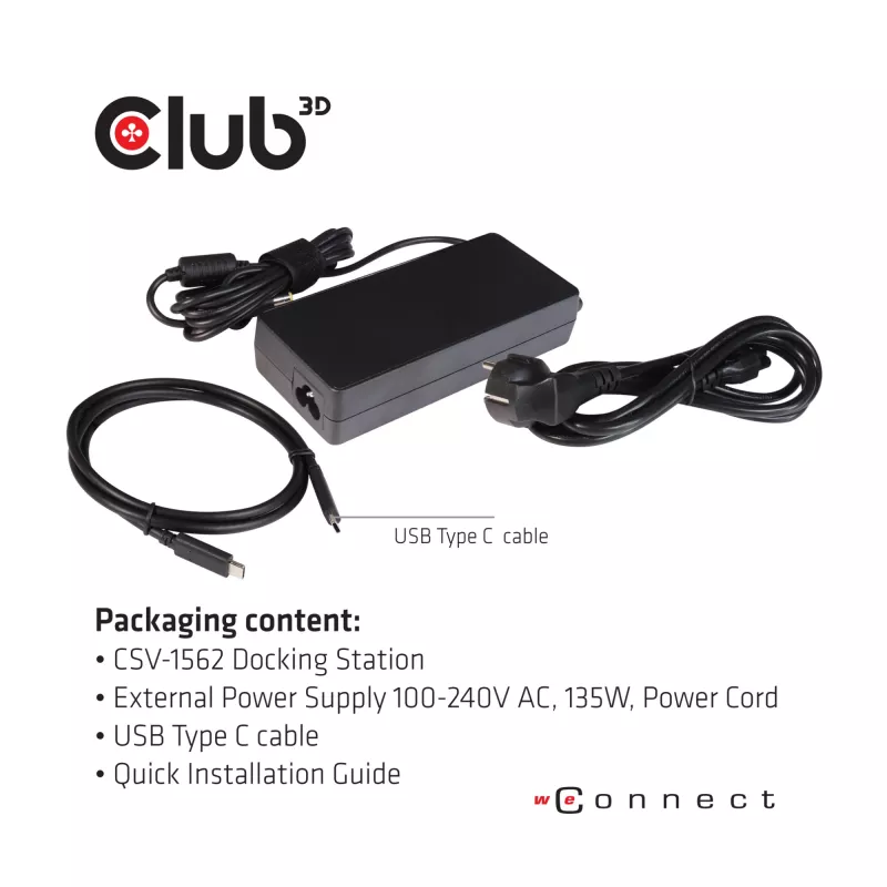 CLUB3D CSV-1562 ir USB3.2 Gen1 Type-C universāla trīskārša 4K30Hz uzlādes dokstacija ar DisplayLink® sertifikāciju. Universālā uzlādes dokstacija
