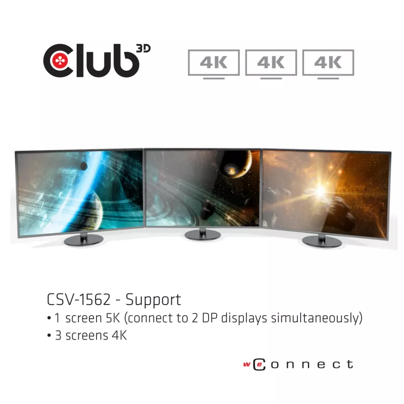 CLUB3D CSV-1562 ir USB3.2 Gen1 Type-C universāla trīskārša 4K30Hz uzlādes dokstacija ar DisplayLink® sertifikāciju. Universālā uzlādes dokstacija
