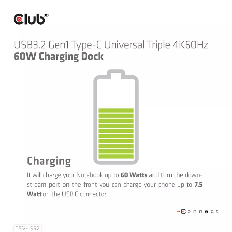 CLUB3D CSV-1562 ir USB3.2 Gen1 Type-C universāla trīskārša 4K30Hz uzlādes dokstacija ar DisplayLink® sertifikāciju. Universālā uzlādes dokstacija
