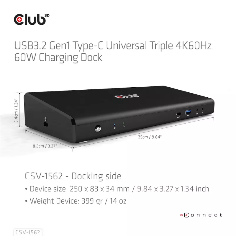 CLUB3D CSV-1562 ir USB3.2 Gen1 Type-C universāla trīskārša 4K30Hz uzlādes dokstacija ar DisplayLink® sertifikāciju. Universālā uzlādes dokstacija