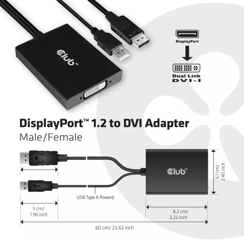 CLUB3D DisplayPort uz Dual Link DVI-D HDCP ON versija Aktīvais adapteris M/F