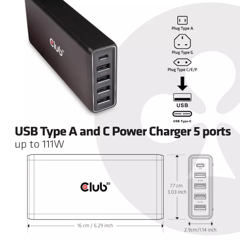CLUB3D USB Type A un C lādētājs, 5 porti līdz 111 W