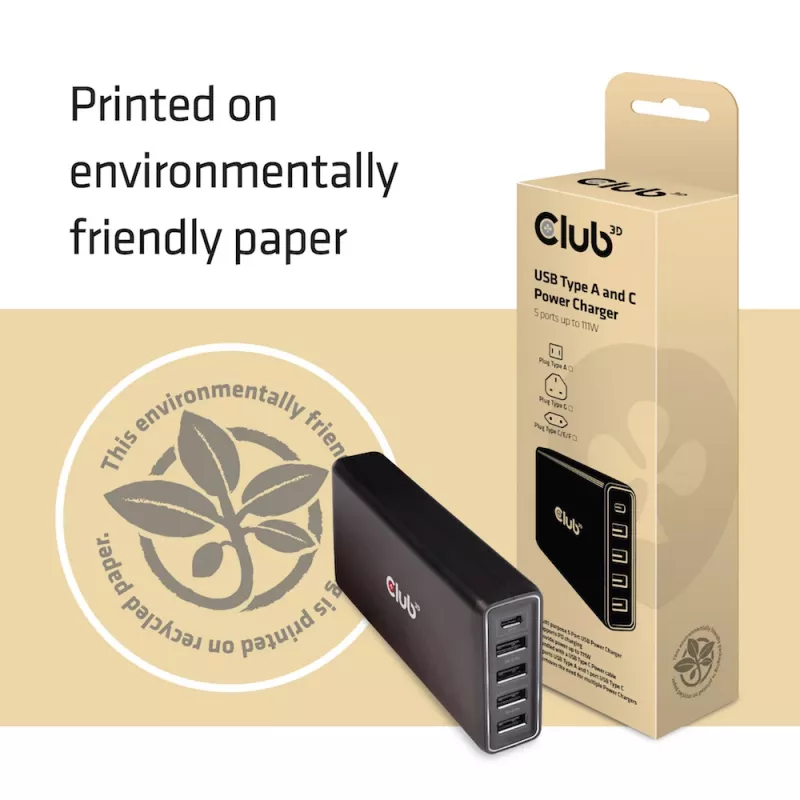 CLUB3D USB Type A un C lādētājs, 5 porti līdz 111 W