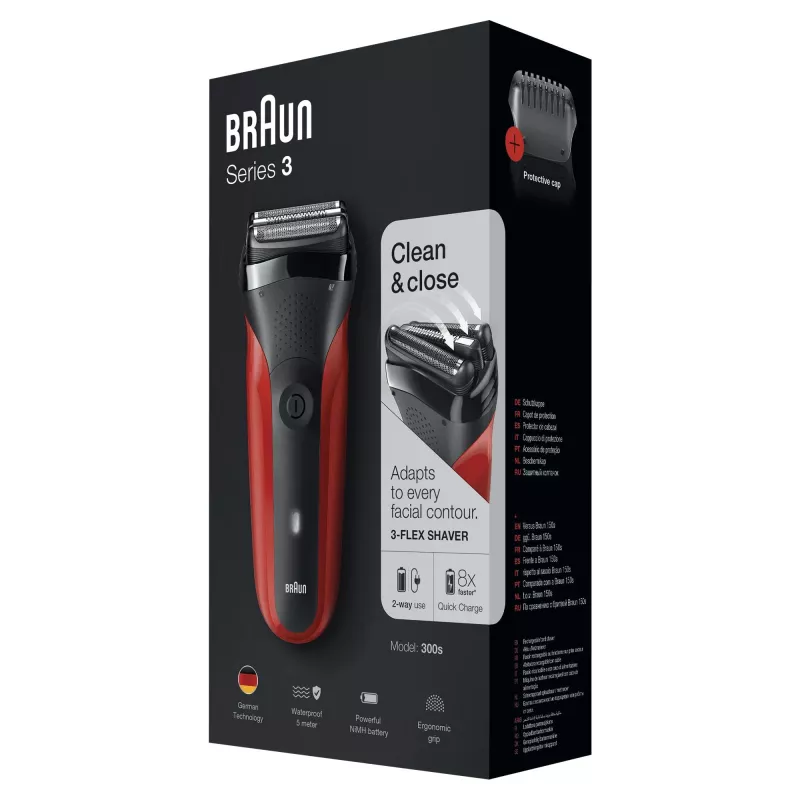 Braun Series 3 300s Folijveida skuveklis ar trimmeri Melns, Sarkans