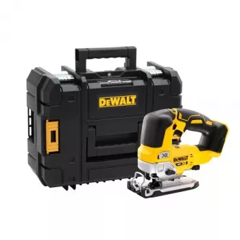 Finierzāģis DeWALT DCS334NT-XJ bezvada, 18 V, gājiens 2.6 cm, griešanas dziļums kokā 135 mm, slīpums 0–45°, augšējais rokturis, mīksts pārklājums