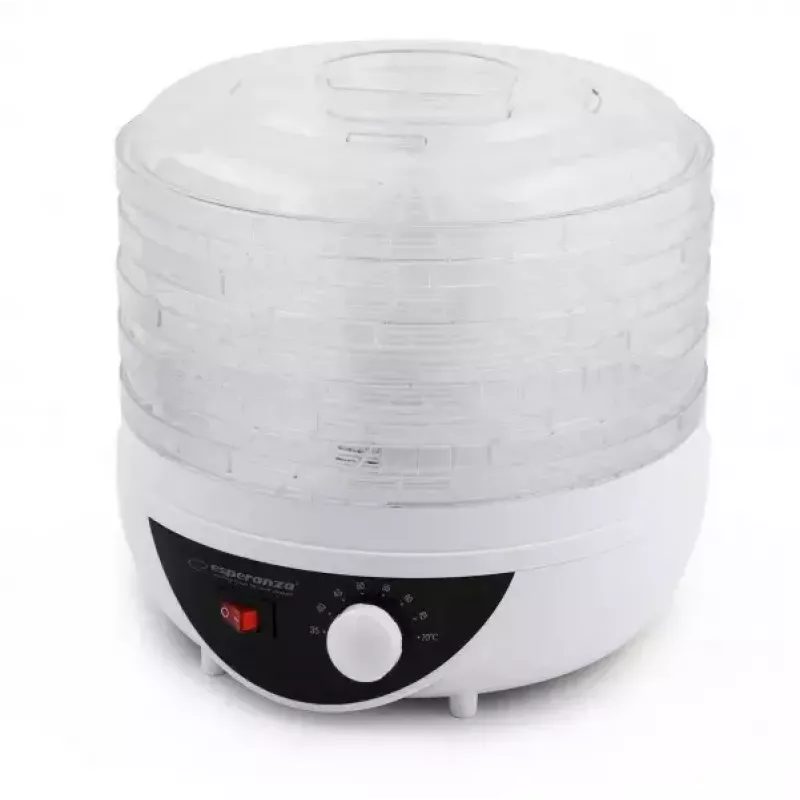 Pārtikas žāvētājs ESPERANZA EKD002 – 5 paplātes, 250 W, regulējams termostats, maks. temp. 75 °C, caurspīdīgi balts