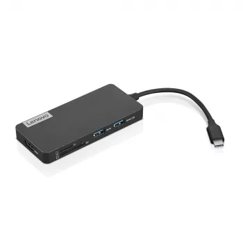 Lenovo GX90T77924 dokstacija — USB-C centrmezgls ar HDMI 1.4, 2×USB-A 3.2 Gen1, USB‑2.0, microSD karšu lasītāju, pelēka
