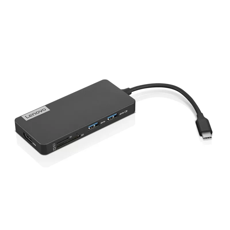 Lenovo GX90T77924 dokstacija — USB-C centrmezgls ar HDMI 1.4, 2×USB-A 3.2 Gen1, USB‑2.0, microSD karšu lasītāju, pelēka