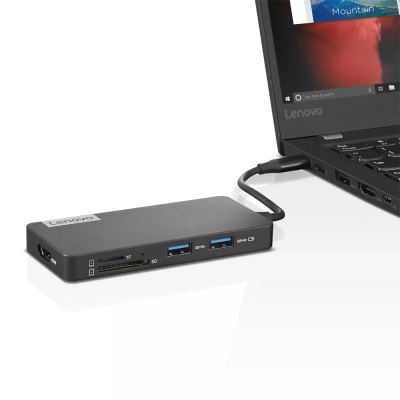 Lenovo GX90T77924 dokstacija — USB-C centrmezgls ar HDMI 1.4, 2×USB-A 3.2 Gen1, USB‑2.0, microSD karšu lasītāju, pelēka