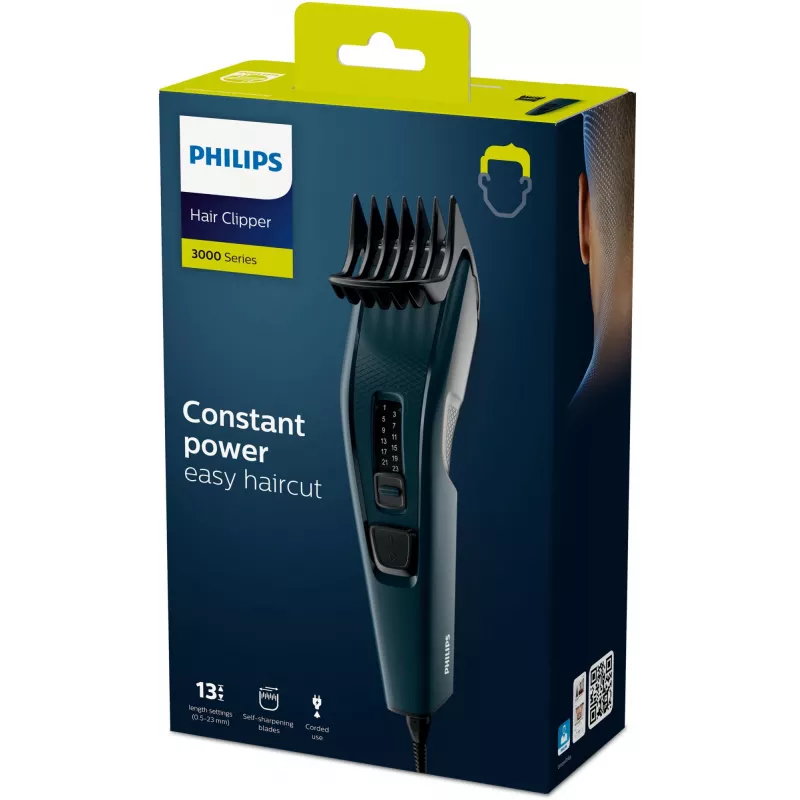 Philips HC3505/15 Hairclipper Series 3000 matu griešanas mašīna, ar vadu, 13 garuma iestatījumi, 0,5–23 mm, 41 mm asmeņi, pašasinoši nerūsējošā tērauda asmeņi, melna