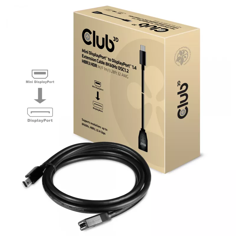 CLUB3D Mini DisplayPort uz DisplayPort 1.4 pagarinājuma kabelis 8K60Hz DSC1.2 HBR3 HDR M/F 1m/3.28 pēdas