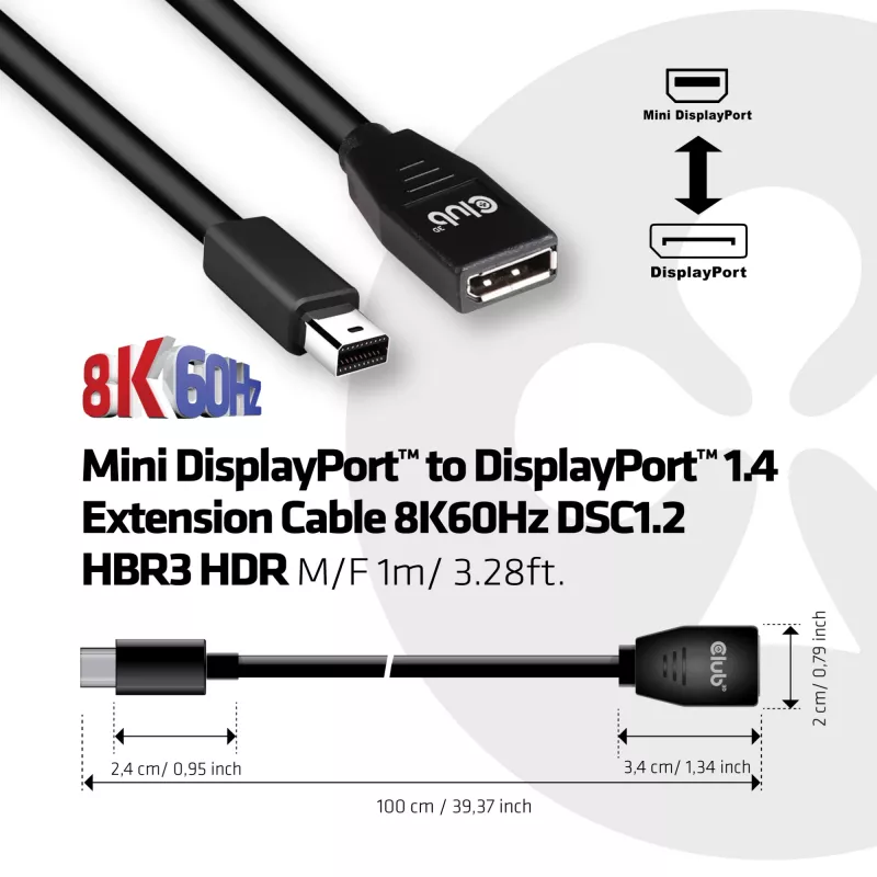 CLUB3D Mini DisplayPort uz DisplayPort 1.4 pagarinājuma kabelis 8K60Hz DSC1.2 HBR3 HDR M/F 1m/3.28 pēdas