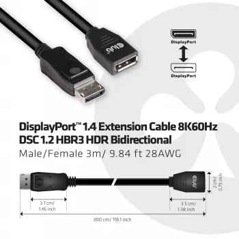 CLUB3D DisplayPort 1.4 pagarinātāja kabelis 8K60Hz DSC 1.2 HBR3 HDR divvirzienu M/F 3m/9.84ft