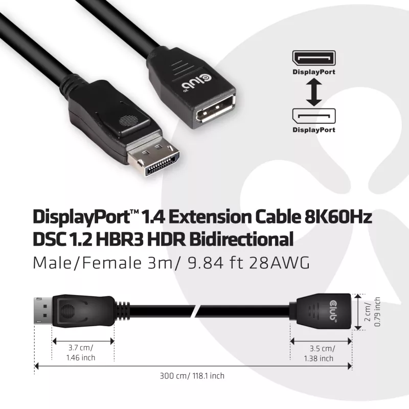 CLUB3D DisplayPort 1.4 pagarinātāja kabelis 8K60Hz DSC 1.2 HBR3 HDR divvirzienu M/F 3m/9.84ft
