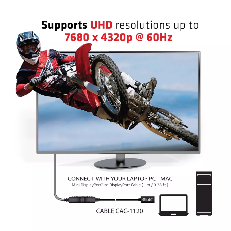 CLUB3D Mini DisplayPort 1.4 uz DisplayPort pagarinājuma kabelis 8K60Hz DSC 1.2 HBR3 HDR abpusējs F/M 1m/3.28ft