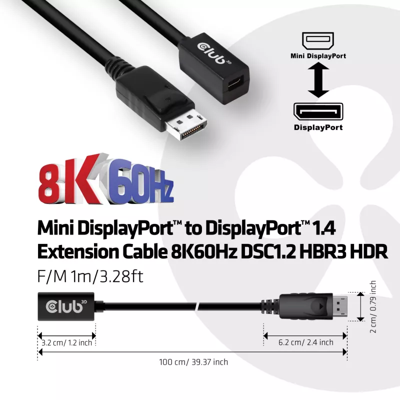 CLUB3D Mini DisplayPort 1.4 uz DisplayPort pagarinājuma kabelis 8K60Hz DSC 1.2 HBR3 HDR abpusējs F/M 1m/3.28ft