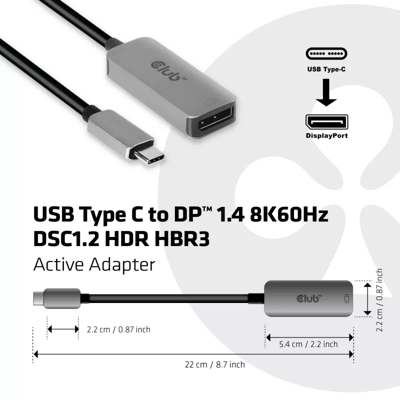 CLUB3D USB Type C uz DisplayPort 1.4 8K60Hz HBR3 aktīvais adapteris