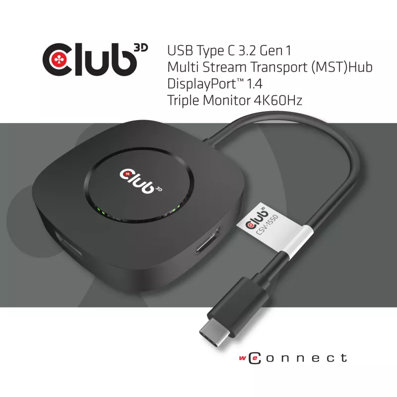 CLUB3D USB Type C 3.2 Gen 1 Multi Stream Transport (MST) Hub DisplayPort 1.4 Triple Monitor