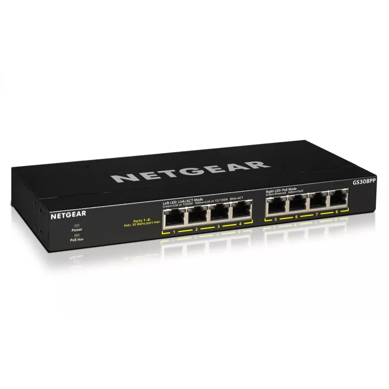 NETGEAR GS308PP nevadāms Gigabit Ethernet (10/100/1000) Power over Ethernet (PoE) Melns