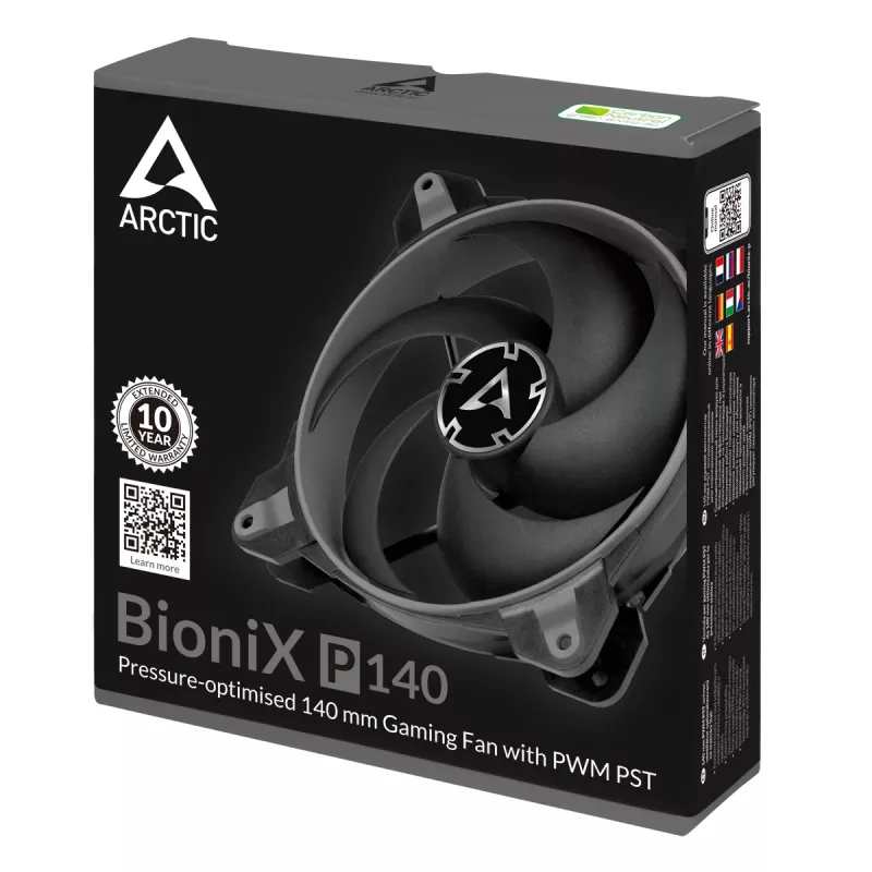 ARCTIC BioniX P140 (Pelēks) – Spiedienam optimizēts 140 mm spēļu ventilators ar PWM PST