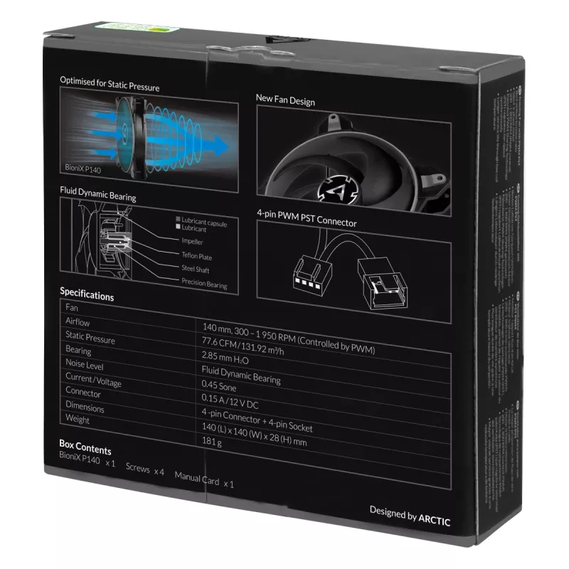 ARCTIC BioniX P140 (Pelēks) – Spiedienam optimizēts 140 mm spēļu ventilators ar PWM PST
