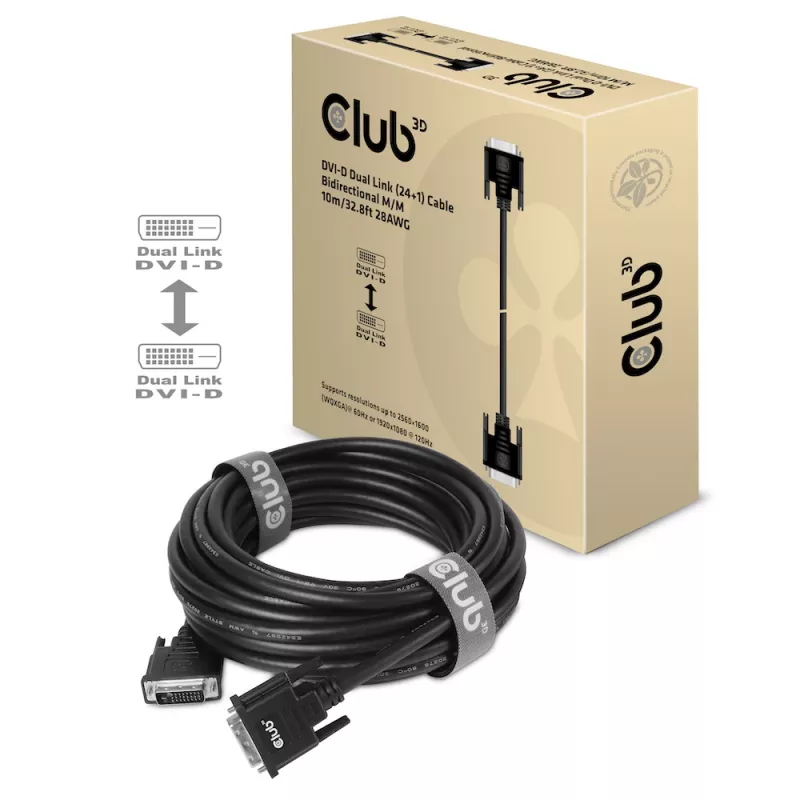CLUB3D DVI-D Dual Link (24+1) kabelis, abpusējs M/M, 10m/32.8ft, 28AWG