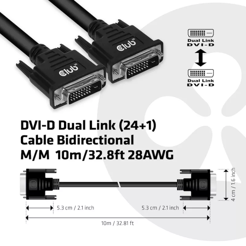 CLUB3D DVI-D Dual Link (24+1) kabelis, abpusējs M/M, 10m/32.8ft, 28AWG