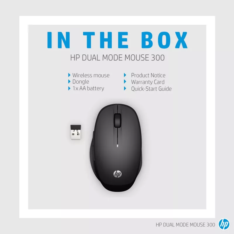 HP Dual Mode Black Mouse 300, labajai rokai, optiskā, RF bezvadu, 3600 DPI, melna