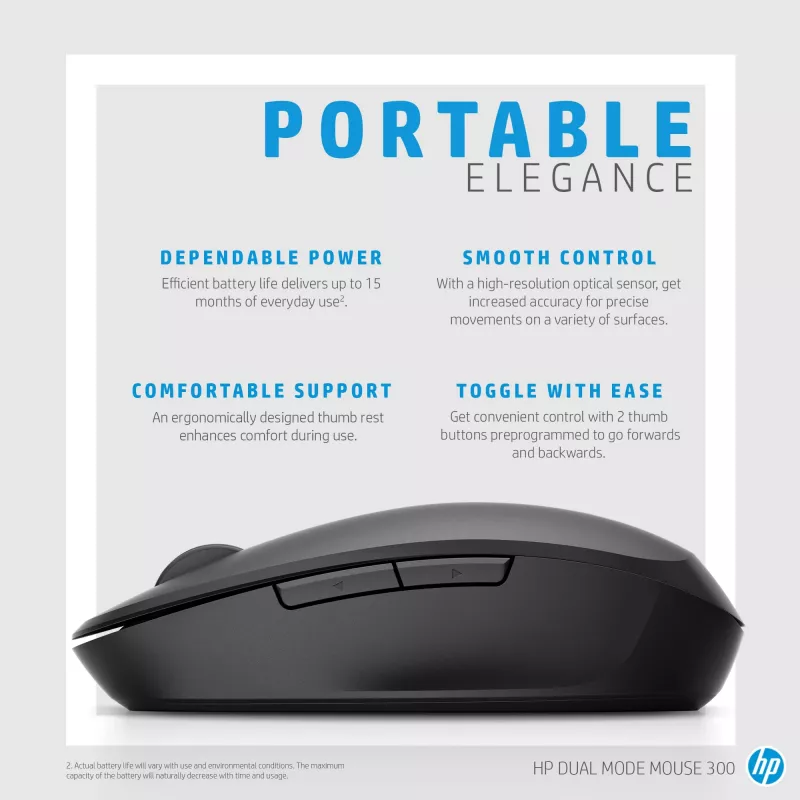 HP Dual Mode Black Mouse 300, labajai rokai, optiskā, RF bezvadu, 3600 DPI, melna