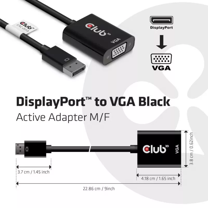CLUB3D DisplayPort™ uz VGA melns aktīvs adapteris M/F