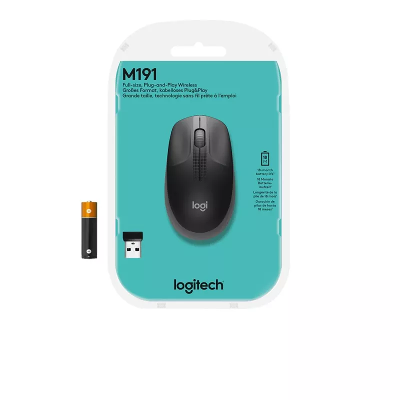 LOGITECH M190 pilna izmēra bezvadu pele, ogļu pelēka