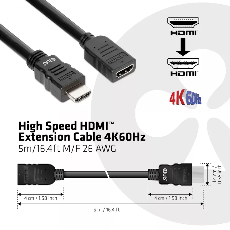 CLUB3D High Speed HDMI™ pagarinājuma kabelis 4K60Hz M/F 5m/16.4ft 26 AWG