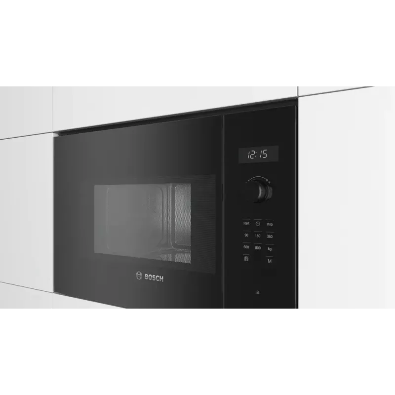 Iebūvējamā solo mikroviļņu krāsns Bosch Serie 6 BFL524MB0 — 800 W, 20 L, grils, skārienvadība un rotācijas vadība, melna