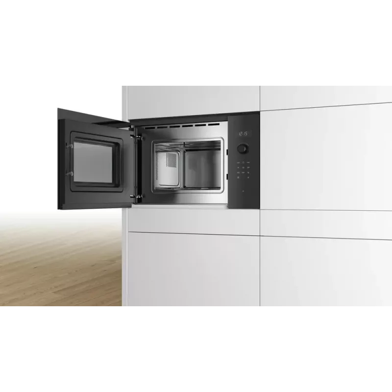 Iebūvējamā solo mikroviļņu krāsns Bosch Serie 6 BFL524MB0 — 800 W, 20 L, grils, skārienvadība un rotācijas vadība, melna