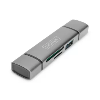 DIGITUS Combo karšu lasītāja centrmezgls (USB-C+USB 3.0) 1x SD, 1x MicroSD, 1x USB 3.0, pelēks