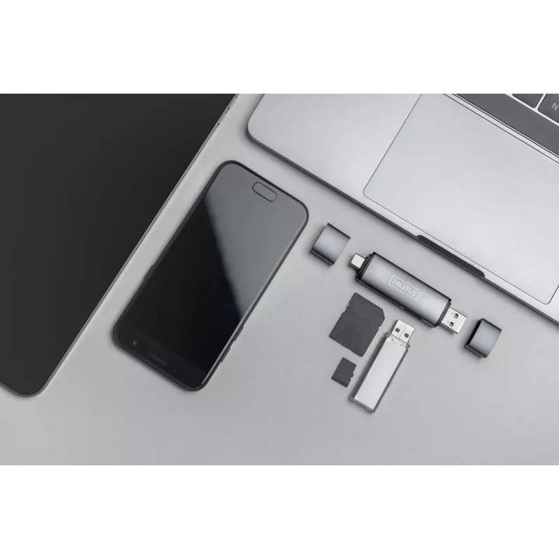 DIGITUS Combo karšu lasītāja centrmezgls (USB-C+USB 3.0) 1x SD, 1x MicroSD, 1x USB 3.0, pelēks