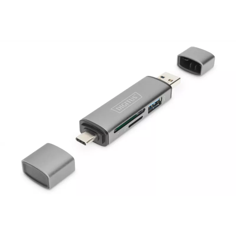 DIGITUS Combo karšu lasītāja centrmezgls (USB-C+USB 3.0) 1x SD, 1x MicroSD, 1x USB 3.0, pelēks