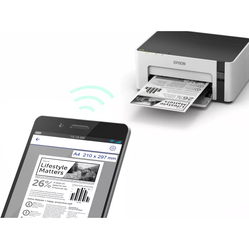 Inkjet printer Epson EcoTank ET-M1120 — monohroms, A4, 1440x720 DPI, Wi‑Fi, uzpildāma tintes tvertne
