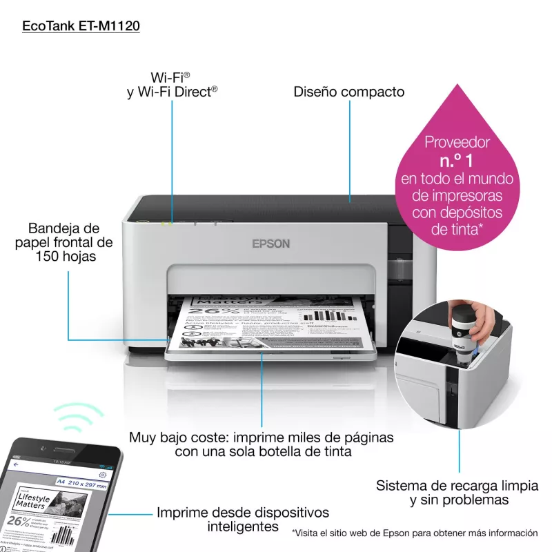 Inkjet printer Epson EcoTank ET-M1120 — monohroms, A4, 1440x720 DPI, Wi‑Fi, uzpildāma tintes tvertne
